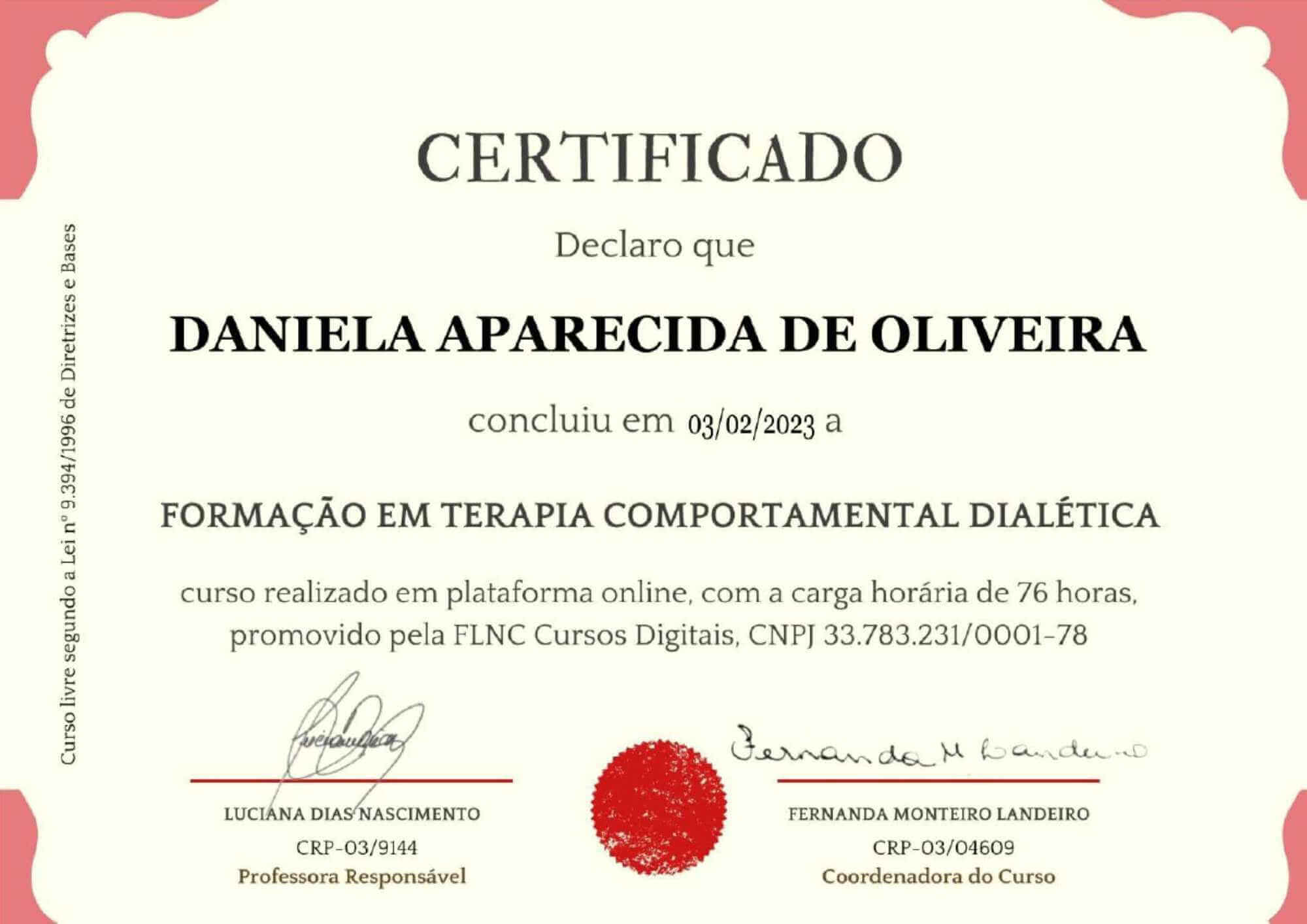 Certificado Formação Dani Oliver